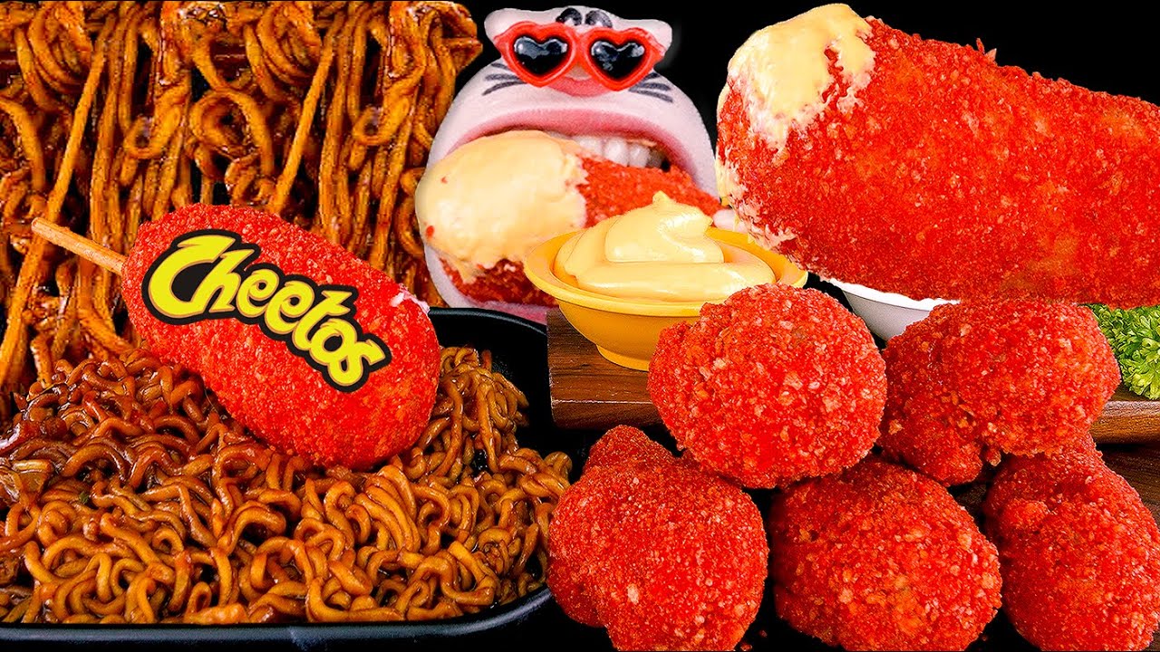 Black Bean Noodles & Cheetos Chicken Eating Show | REALMOUTH's ASMR MUKBANG