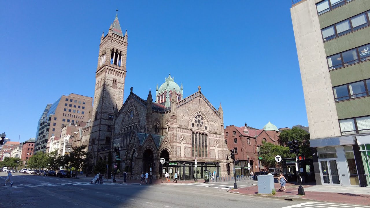 Boston MA Boylston Street Walk With Historical Commentary. Trinity Church, Prudential Tower etc