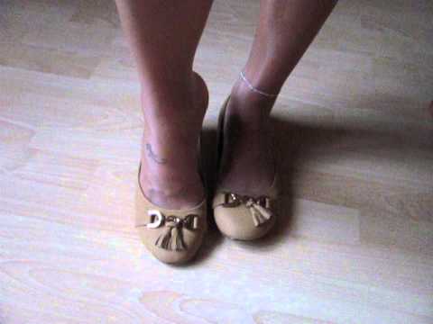 camel ballet flats and tan nylons   shoeplay and dangling