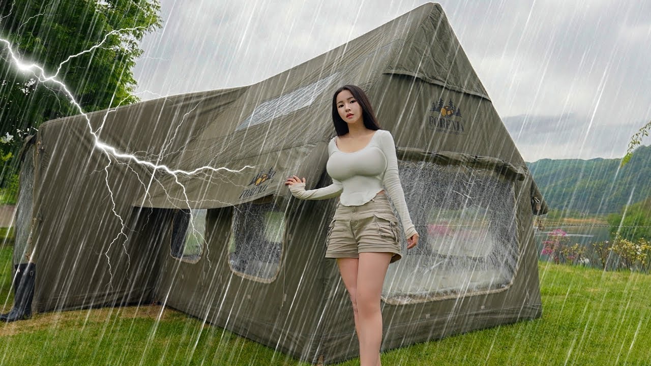 Camping in Heavy Rain☔️with 2-Room Inflatable Tent⚡️ Rain & Thunderstorms ASMR