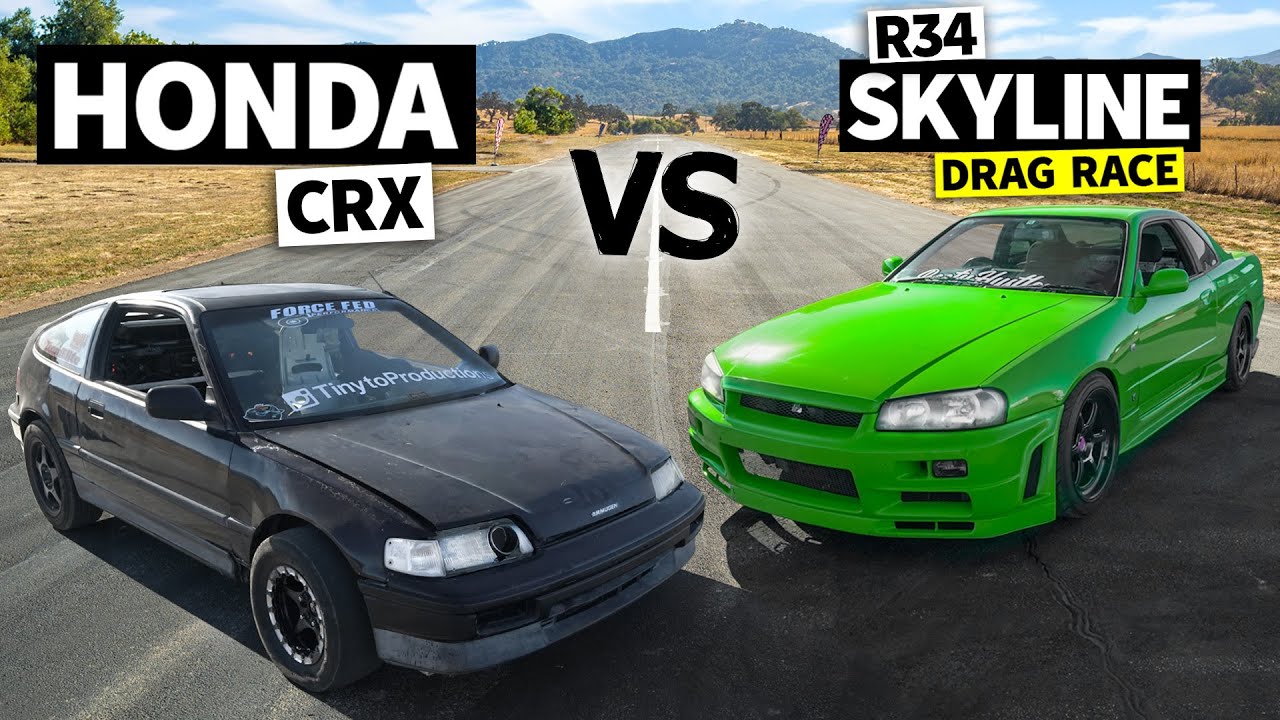 Can an R34 Skyline beat an All Motor CRX? Honda vs Haters no-prep Drag Race!