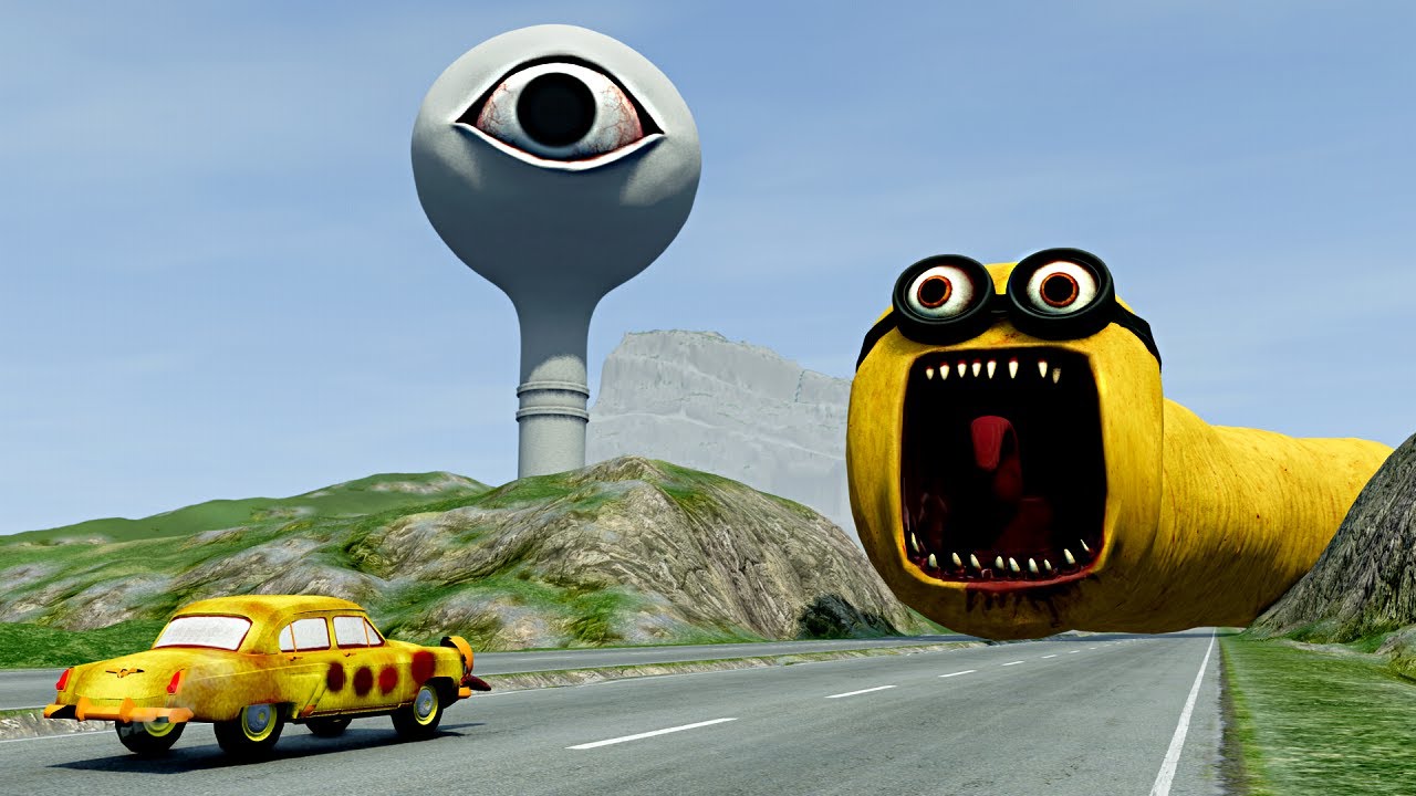 Car Eater Cars vs Broken Bridge with MINION EATER & WATER EYE TOWER & 3X HOUSE HEAD – BeamNG.Drive