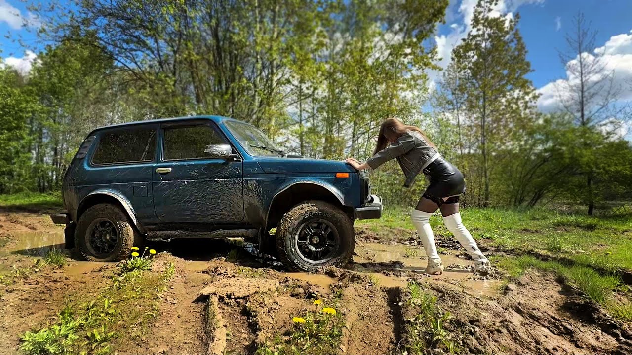 Car stuck girl, muddy high heels boots, boots in mud, high heels stuck, girl stuck on Niva (# 1342)