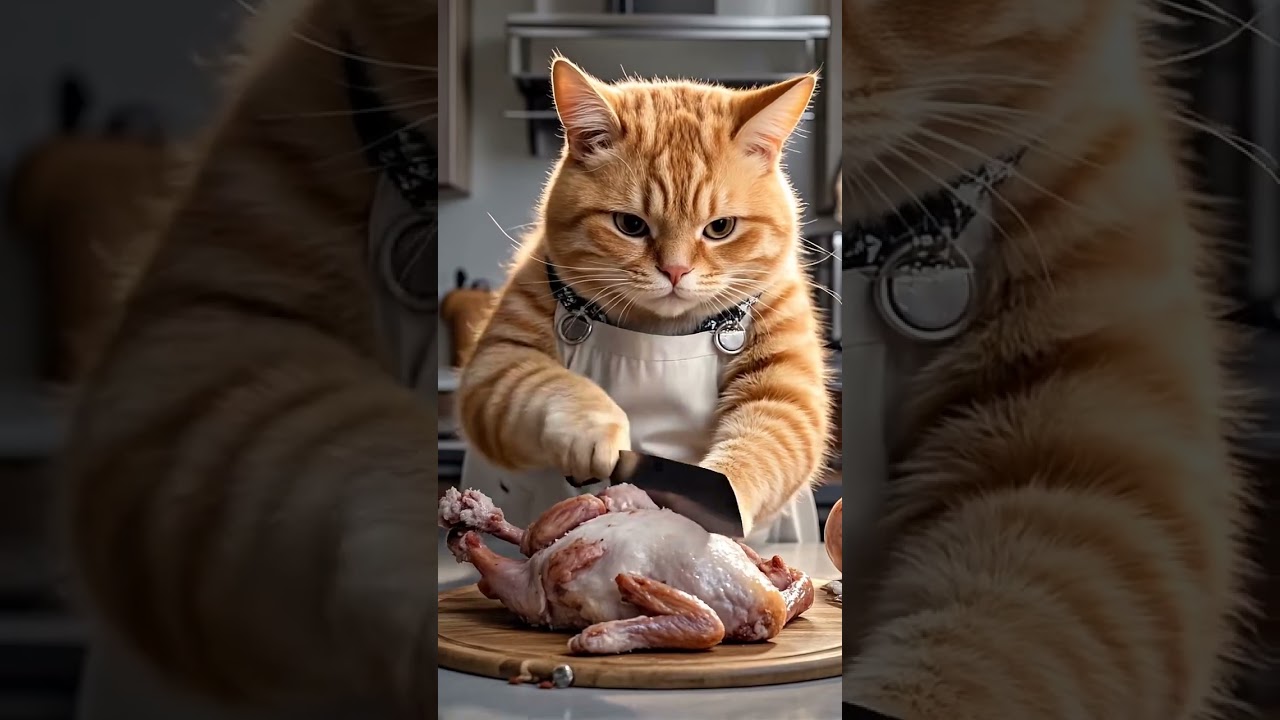 Chubby Orange Cat Cooks Chicken in the Cutest Way! #OrangeCat  #CookingCat #OrangeTabby #CatLovers