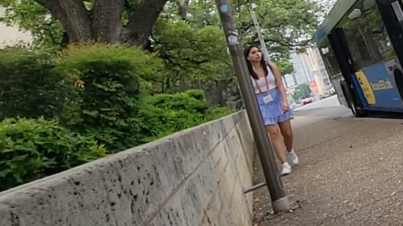 College girl walks by a big bulge