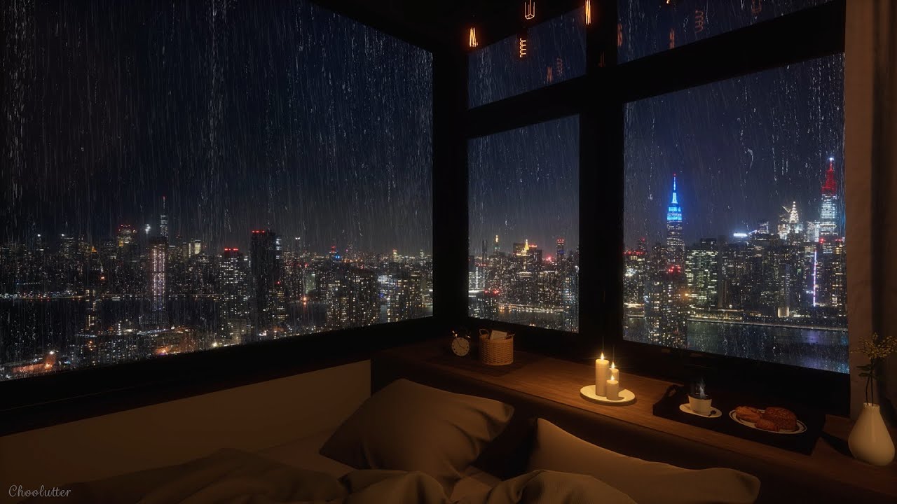 Cozy Bedroom With A Night View Of New York In Heavy Rain | Rain Sounds, Rain On Window