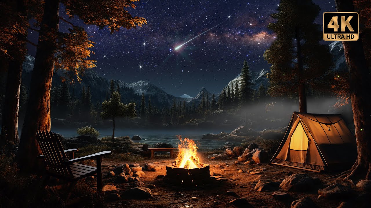 Cozy Camping with Shooting Stars, Crackling Campfire, & Nature Ambience | 4K ⛺️🔥💫