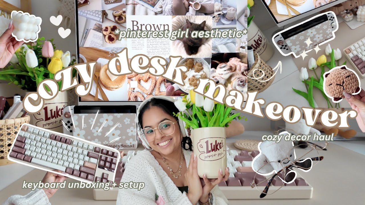 COZY DESK MAKEOVER 🖥️✨🧸 lighting setup, keyboard unboxing, decor haul *pinterest girl aesthetic