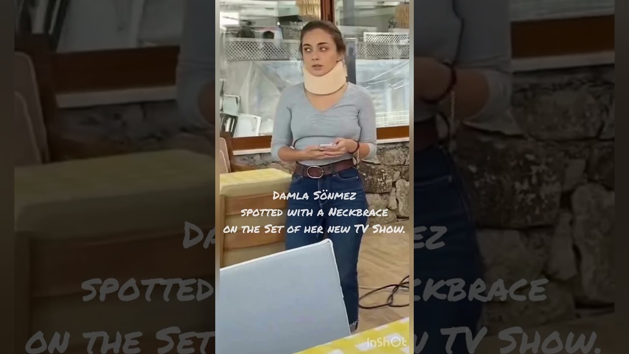 Damla Sönmez spotted wearing a Neck Brace on the set of her New TV Show “Maviye Sürgün”