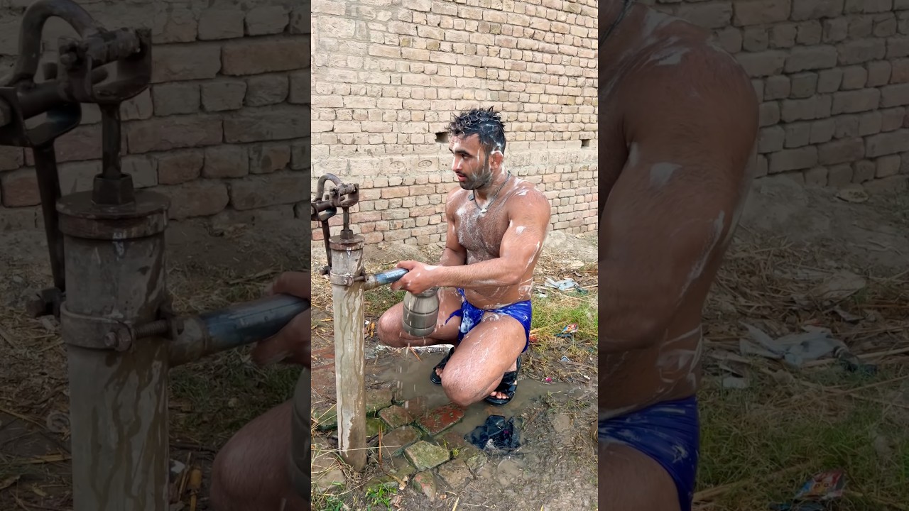 Desi Pehlwan After Kushti Bath with hand pump #shorts #viral #trending #youtubeshorts #video