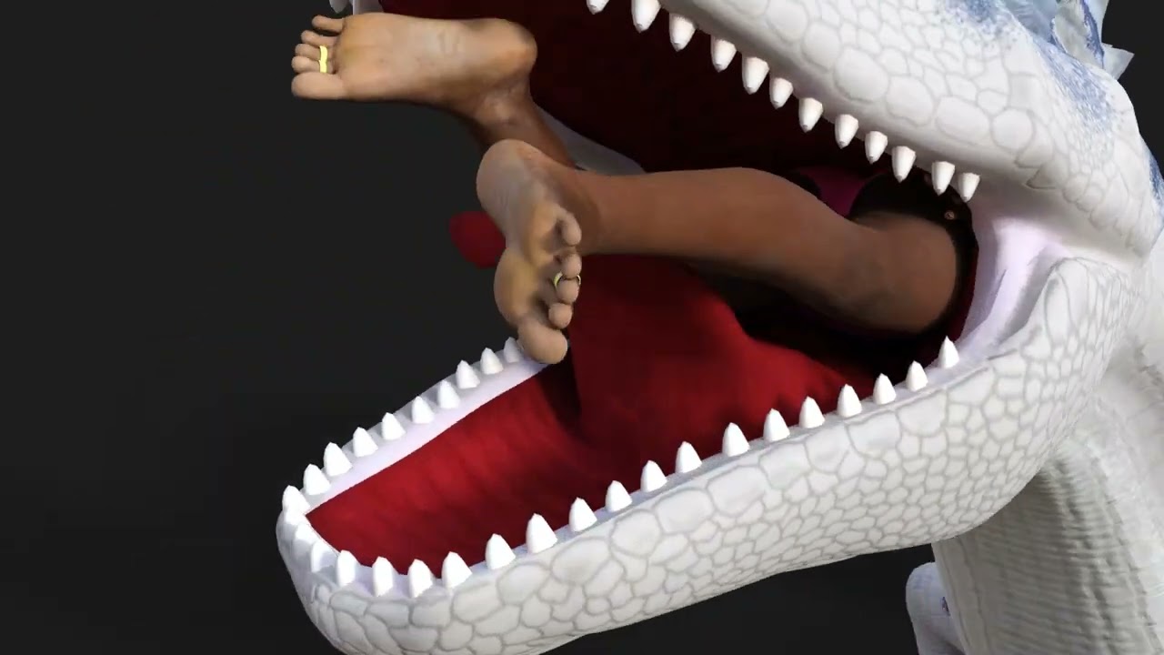 Dinosaur chomps human prey. Soft vore animation (no sound)