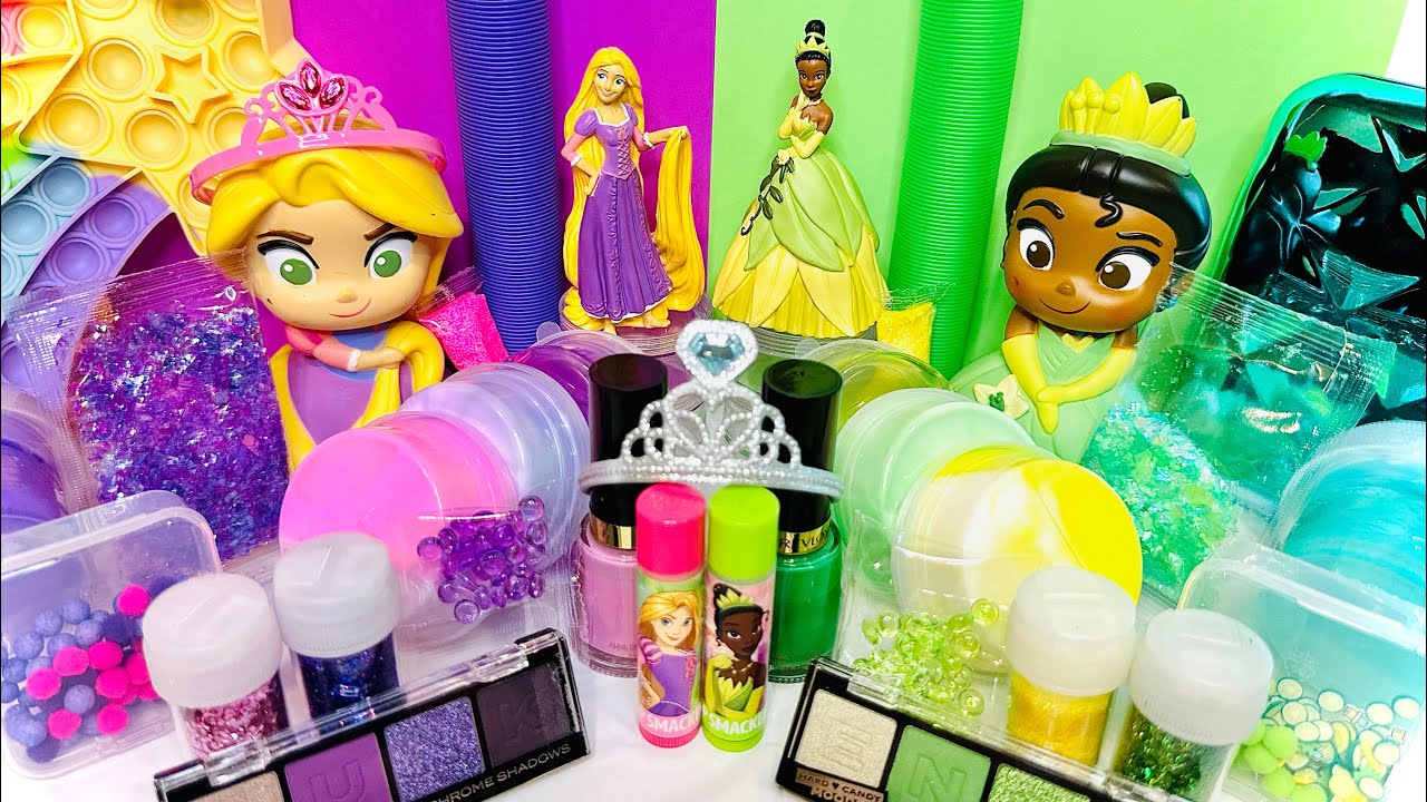 Disney Princess Slime with Rapunzel and Tiana! Satisyfing mixing with makeup & glitter #ASMR #slime