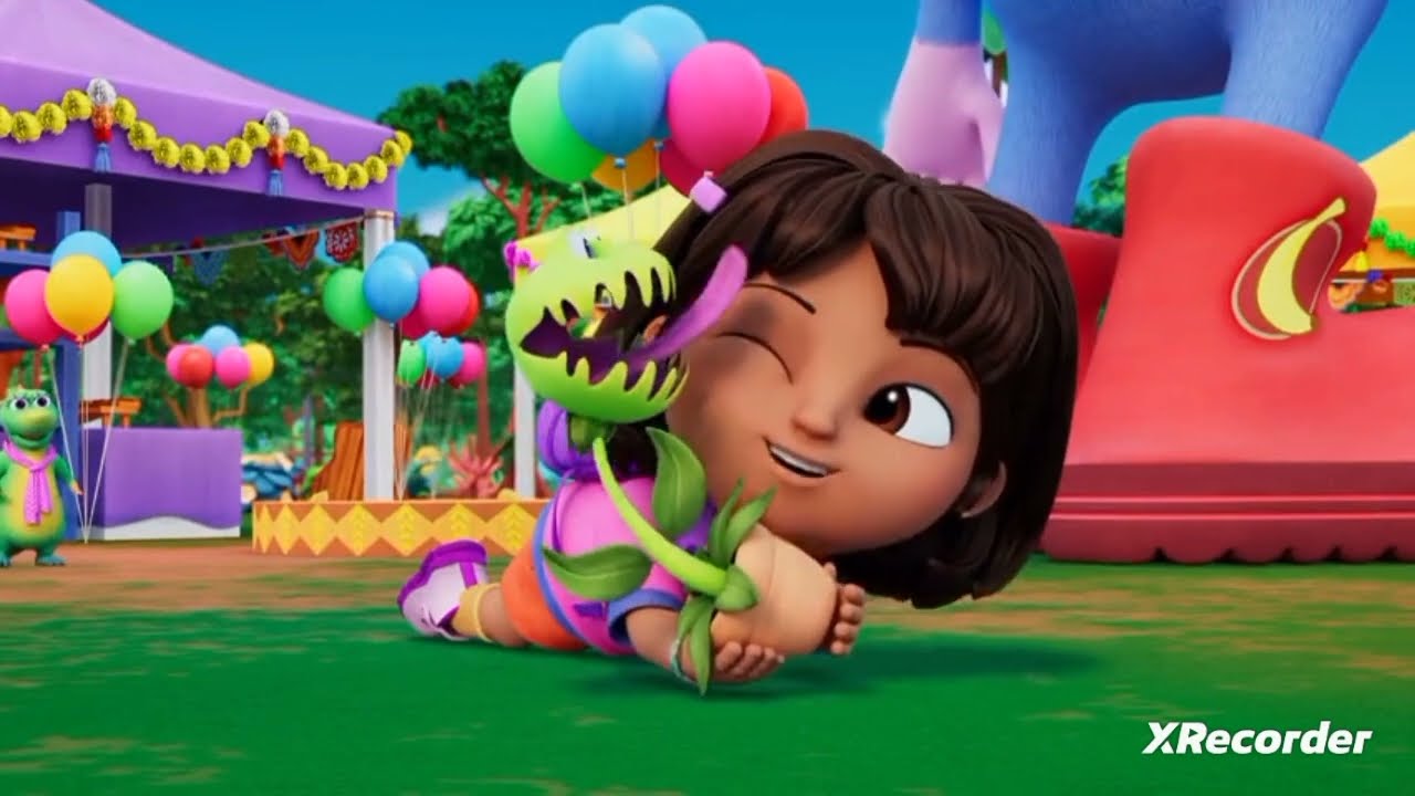 dog licking a plant licks Dora slowly (Dora)