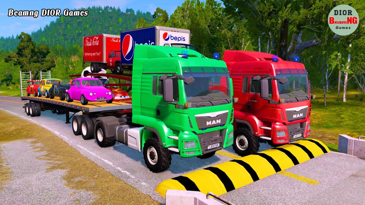 Double Flatbed Trailer Truck cars vs rails tractor vs train cars vs bollards Beamng Drive 407