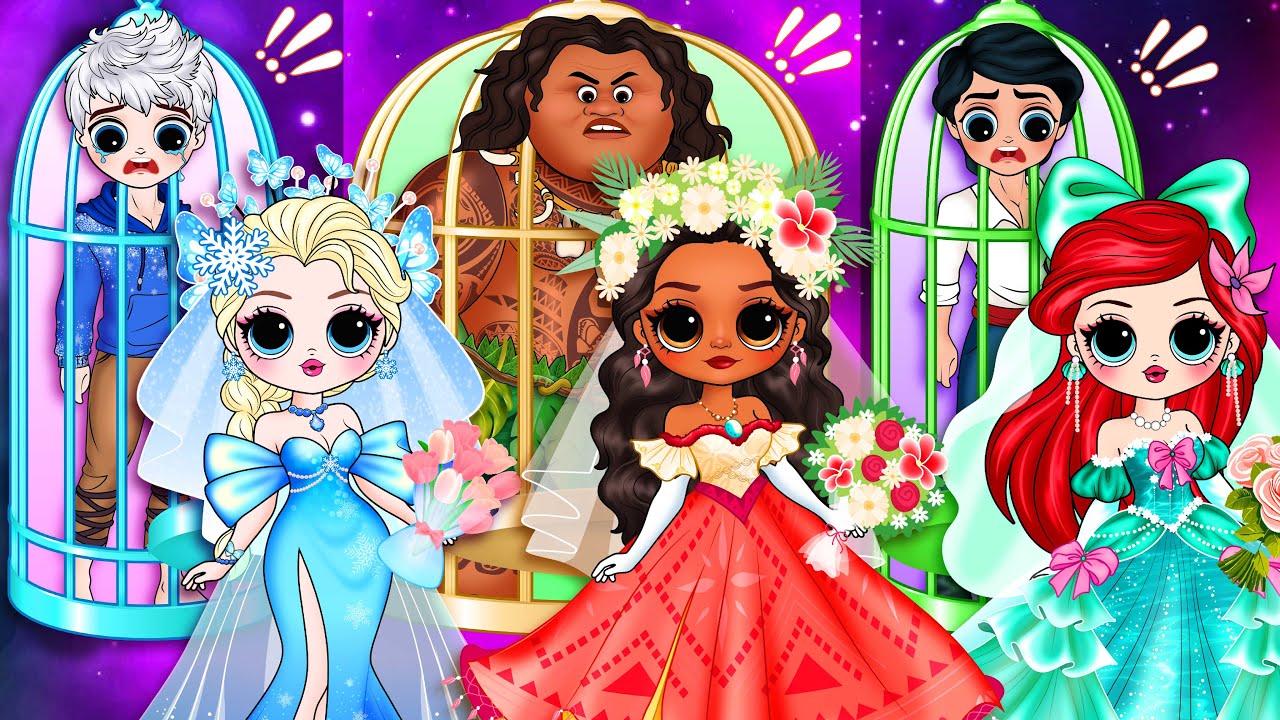 DRESS WEDDING Couple Disney Princess Elsa, Moana & Ariel Rescue the Prince | DIY Paper Dolls Fashion