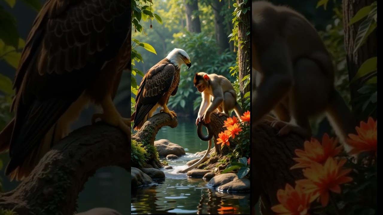 Eagle Watches Baby Monkey Trapped by Snake Near Jungle Spring #wildlife #birds