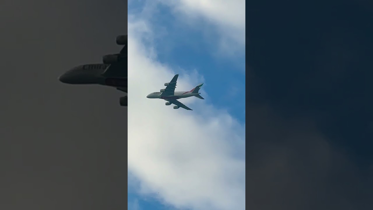 Emirates A380 UAE19 landing @ Manchester Airport on 10/6/25 showing wing vapour