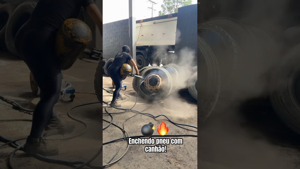 Enchendo pneu com canhão #enchendo #caminhão #truck #borracharia #borrachera #mulher #trabalho