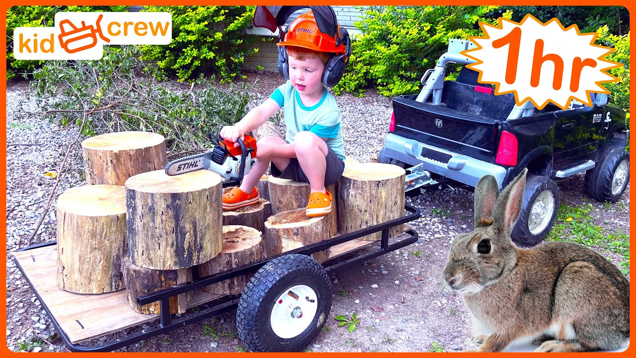 Farm work compilation with kids toy truck, tractor, chainsaw, ATV, ride on, tools | Educational