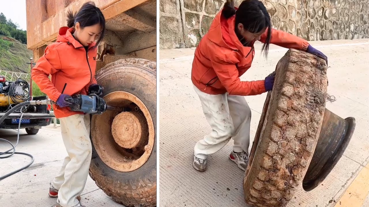 Female Mechanic Yujie Skills Replacing Heavy-Duty Vehicle Tires!