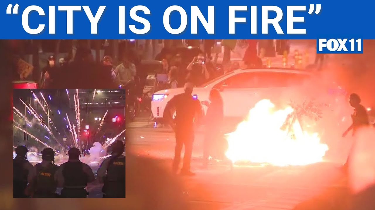 Fireworks go off, bonfire set in front of cops in downtown LA | Anti-ICE protests, Day 3