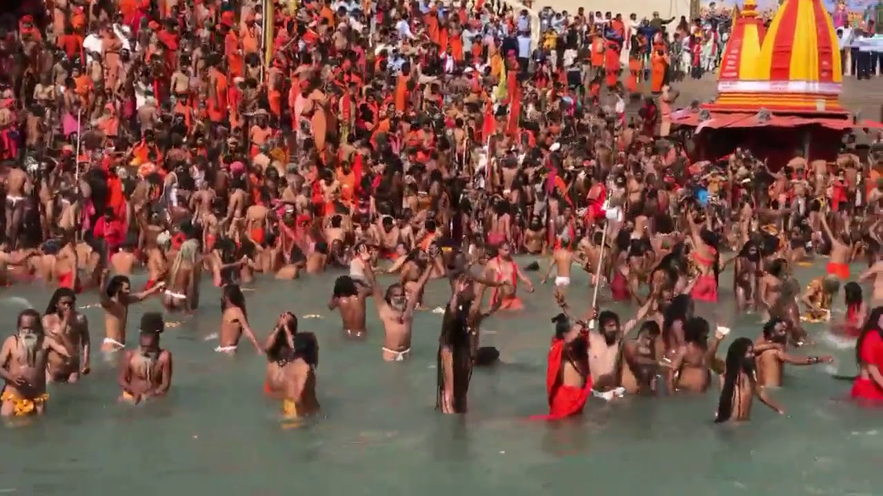 First Shahi Snan of Naga Sadhus at Kumbha Mela in Haridwar on Mahashivaratri, 2021