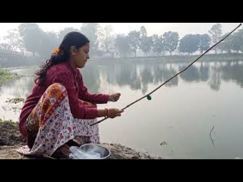 Fishing videos 😯 The girl monster fish catching in the village canal🐠 Best village rod fishing #fish