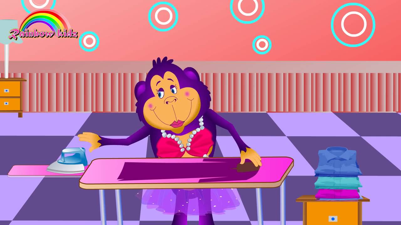 Five little gorilla`s jumping on the bed