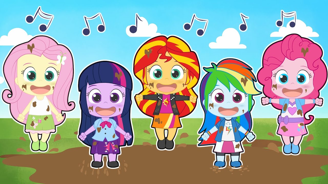 FIVE LITTLE PONYS 🦄🦄 With Equestria Girls jumping on mud puddles