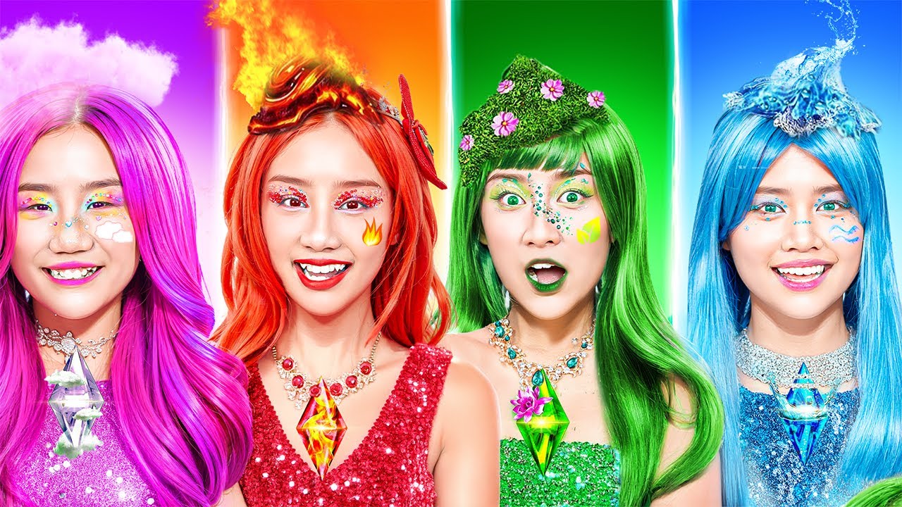 Four Elements: Fire, Water, Air and Earth Girl In Dress Up Challenge!