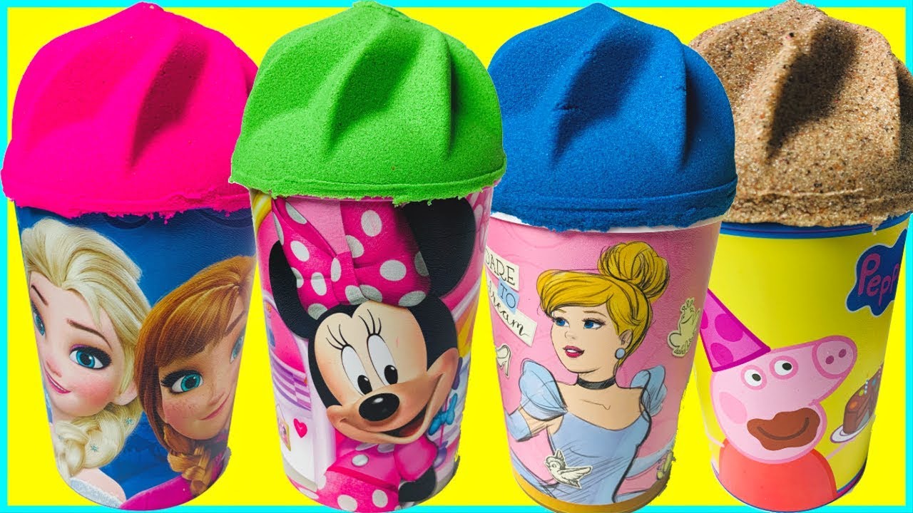 Frozen Vasitos sorpresas de Arena kinetica con las princesas Disney Peppa pig y minnie Mouse