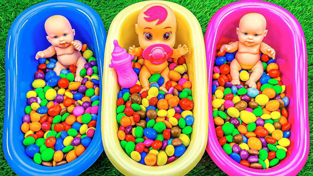 Full of 3 Rainbow BathTubs Candy with M&M's & Magic Slime | Cutting Video