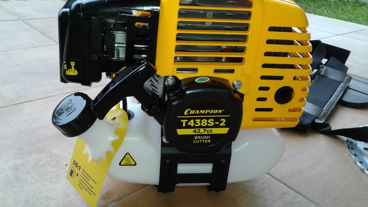 Gasoline trimmer CHAMPION T438 S-2 how to start a gasoline trimmer, how to run and work correctly