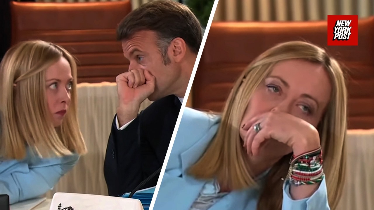 Giorgia Meloni dramatically rolls her eyes while whispering with Macron at G7