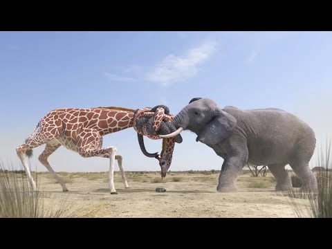 Giraffe Vs Elephant fight for Water