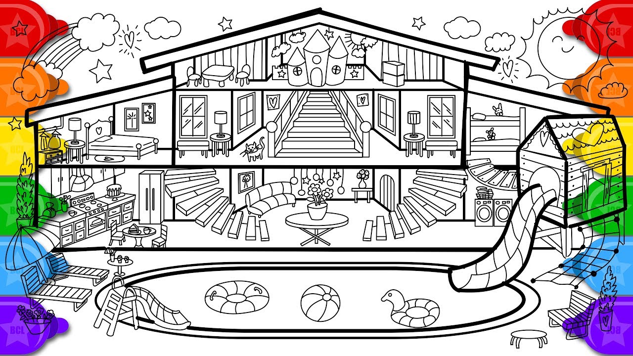Glitter Pool House Coloring and Drawing for Kids, How to Draw a Glitter Pool House Coloring Page