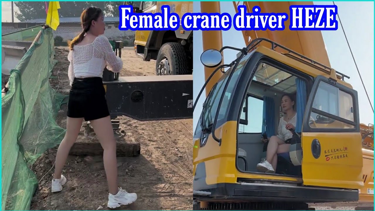 Hermosa mujer conductora de grúa HEZE y un día en el sitio de construcción