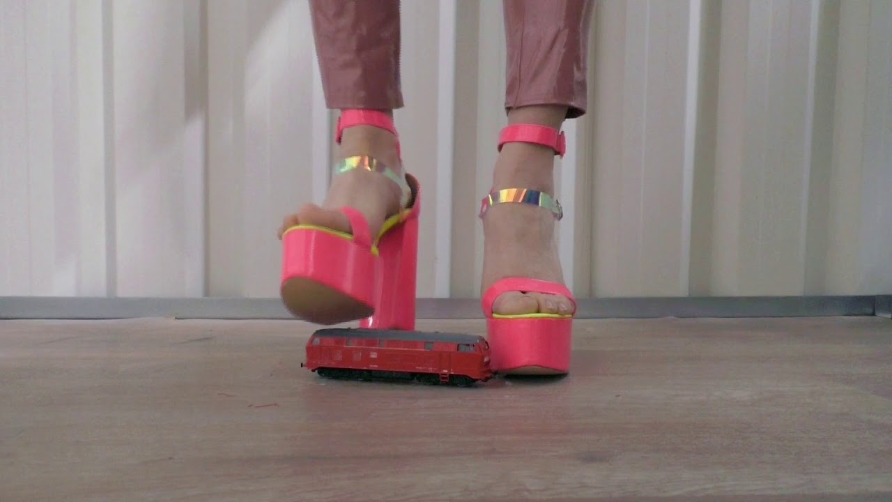 High Heels Crushing Toy Train VS Pink Neon High Heels with Platform