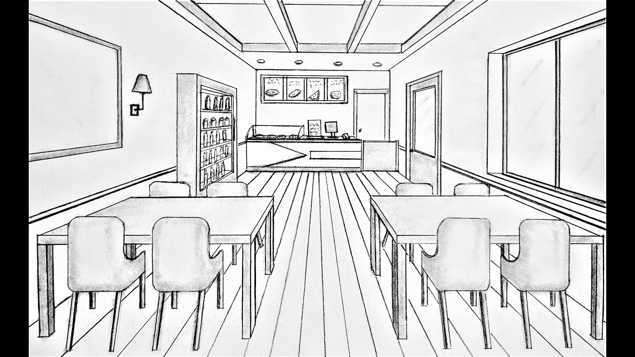 How to draw in one point perspective, pizza shop restaurant