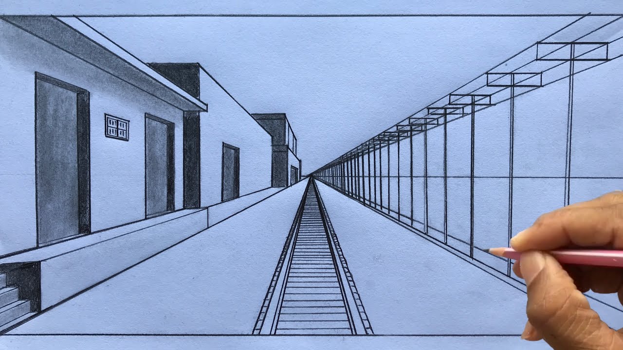 How to Draw using 1-Point Perspective: Train Track and House Step-by-step
