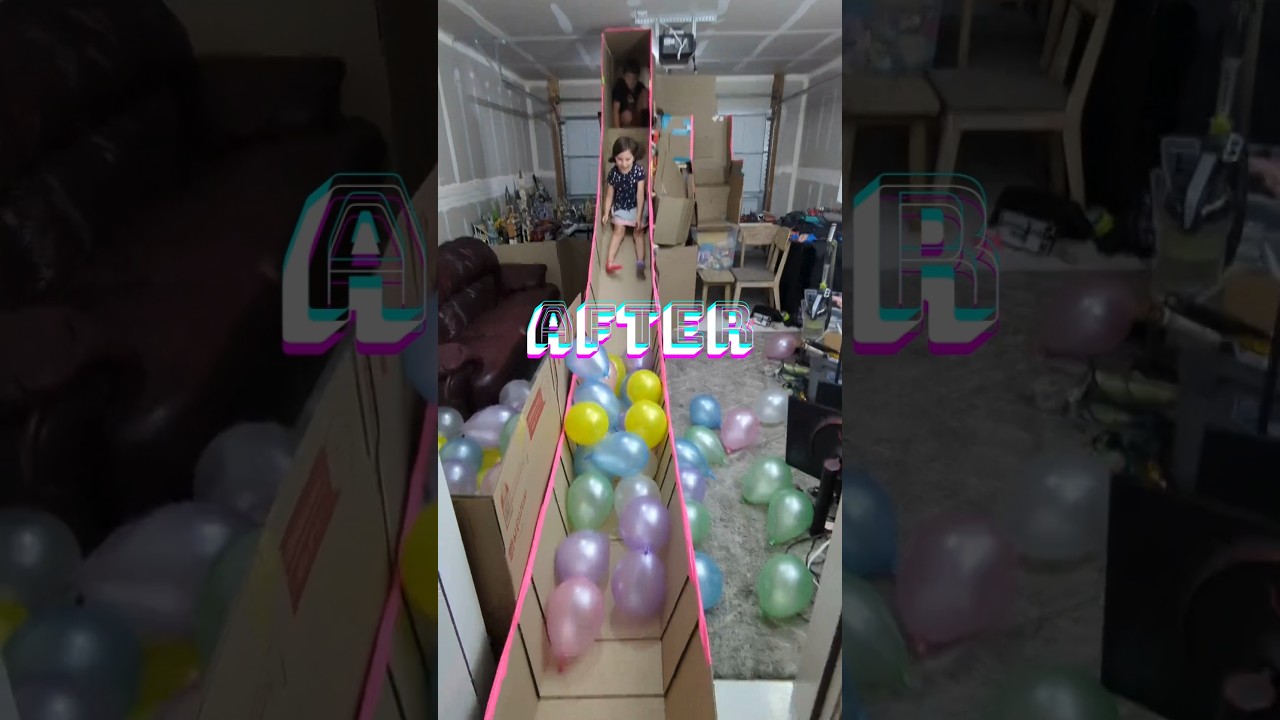 Huge cardboard box slide plus balloon ball pit in our garage. #fun #play #kidsplay #creative