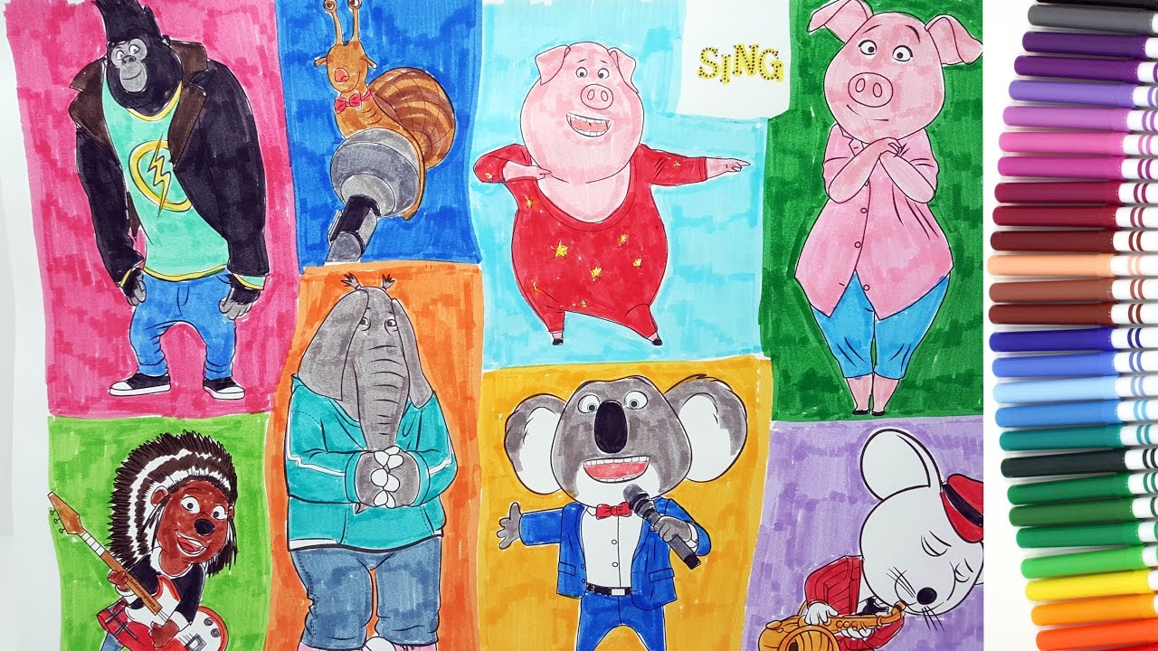 Illumination Sing coloring pages color Buster, Johnny, Gunter, Ash 3 | speed coloring tutorial