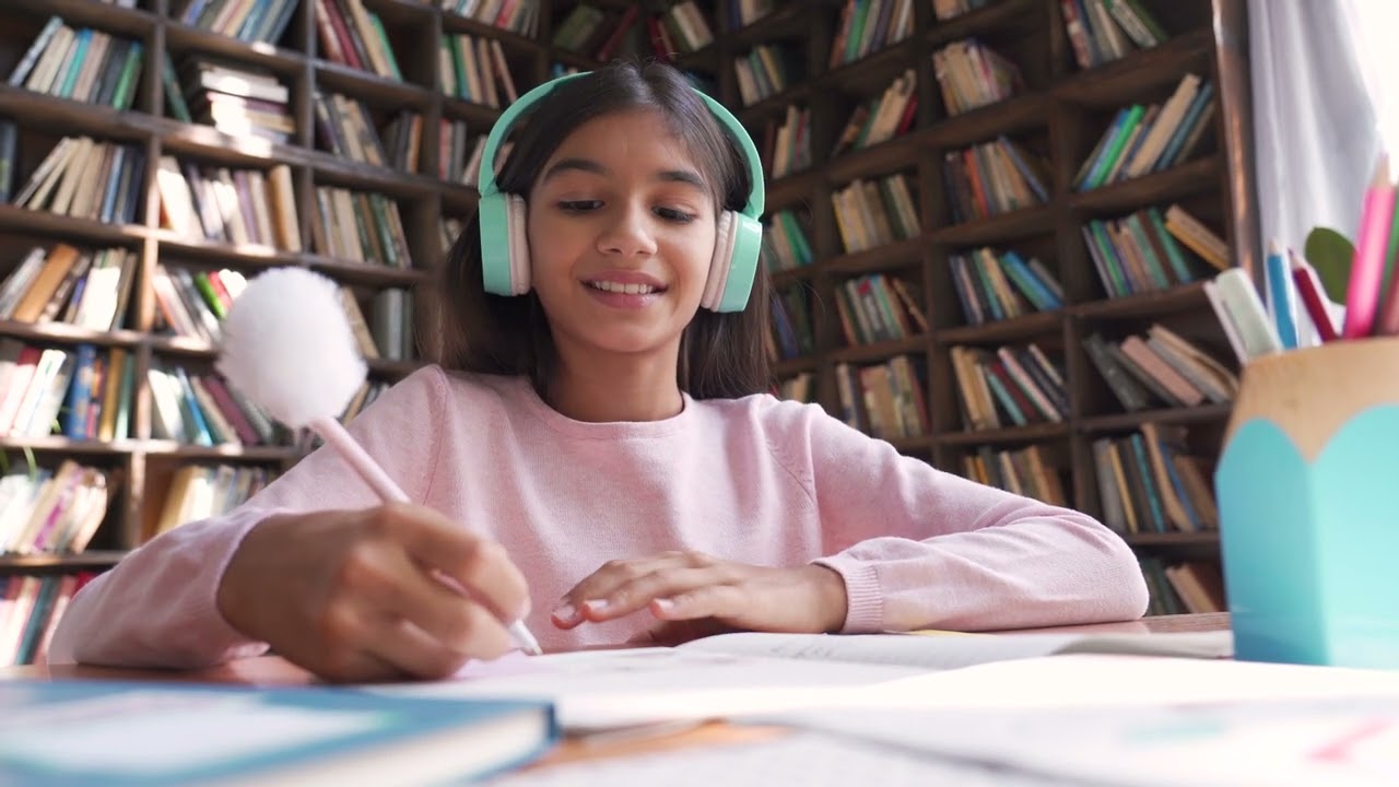 Indian School Girl Raising Hand Learning Online on Video Call Webcam View