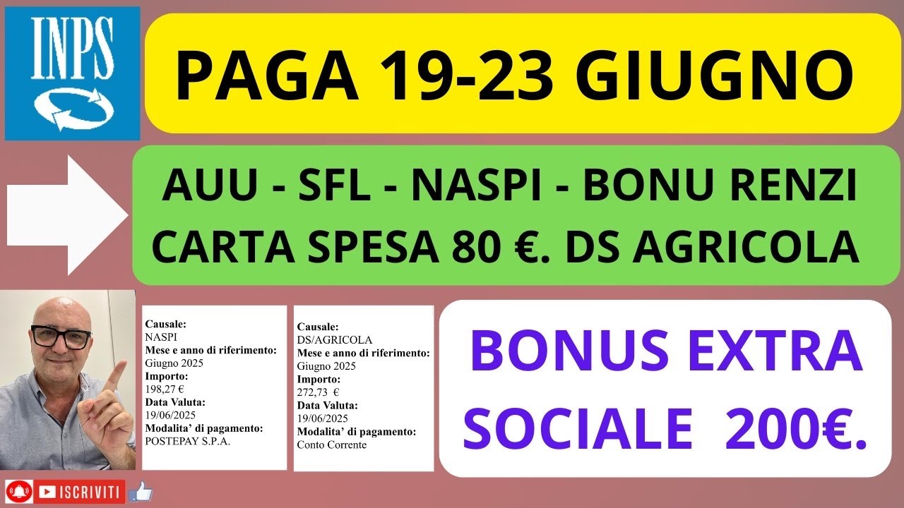 INPS PAGA✅ 19-23 GIUGNO👉AUU - SFL-Ds Agricola-Naspi -Bonus 200€. Extra luce gas #youtube #shorts