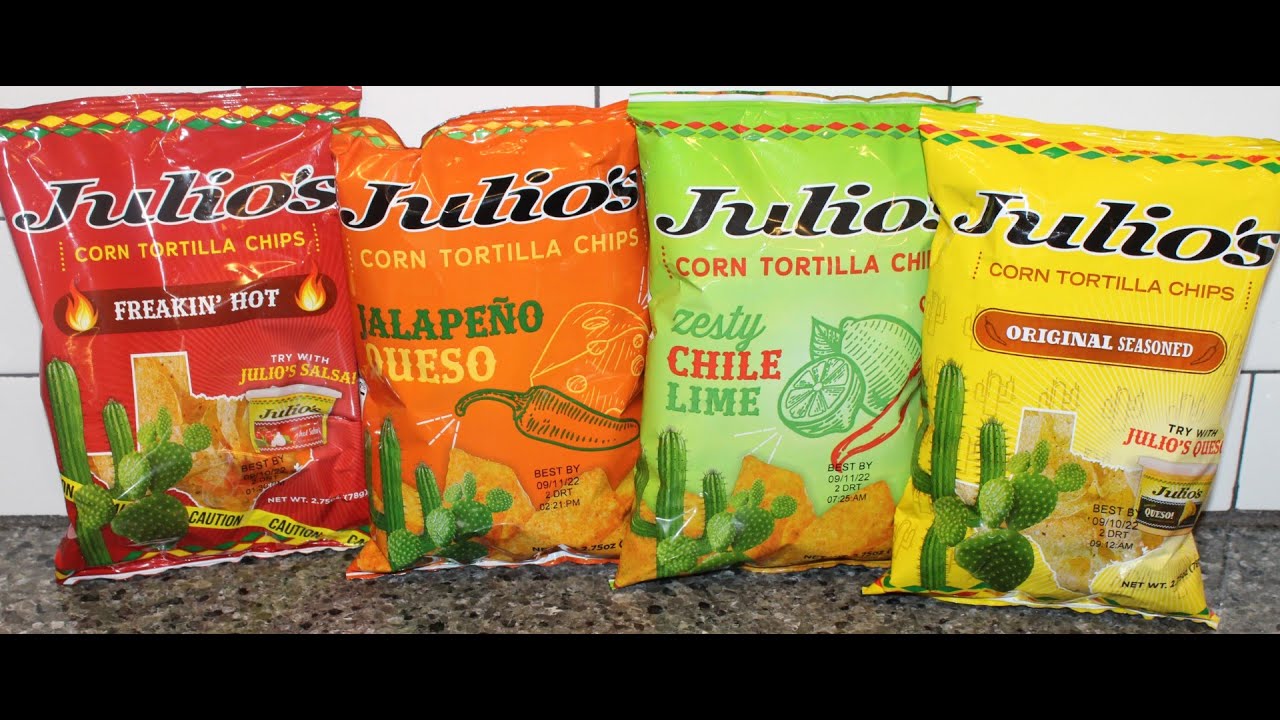 Julio’s Corn Tortilla Chips: Freakin’ Hot, Jalapeño Queso, Zesty Chile Lime, Original Seasoned