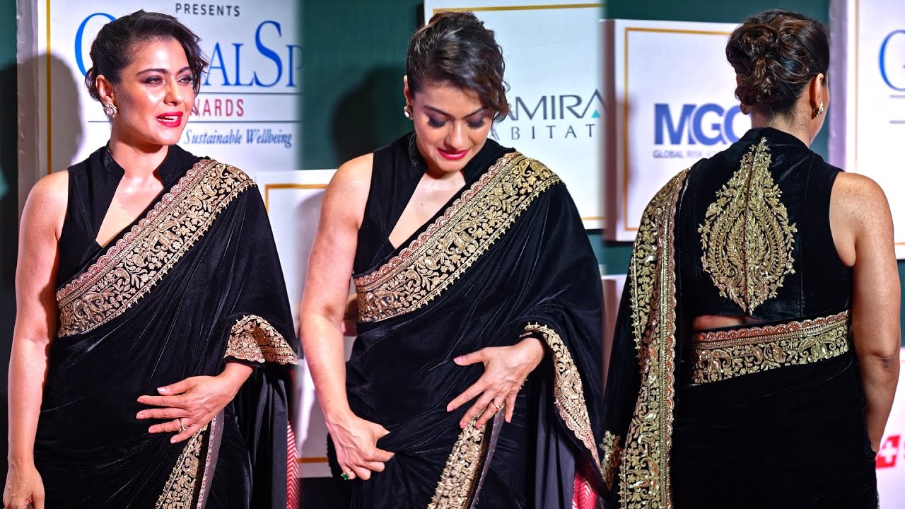 Kajol Devgan Looks Pretty In Black Saree With Golden Border 😍🖤🌟 At Red Carpet Of Global Spa Awards
