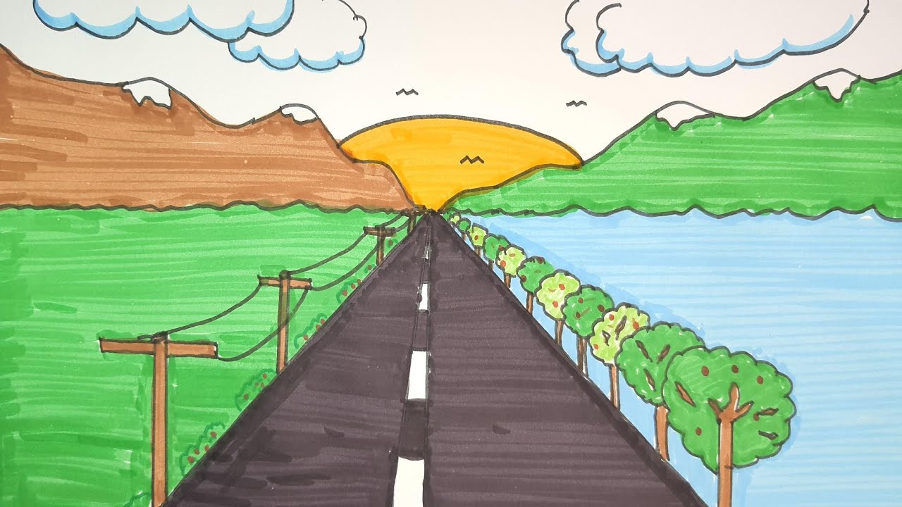 🏔️🏖️Kolay Perspektif Çizimi - Manzara Resmi Çizimi - 1 Noktalı Perspektif Resmi🏖️🏔️