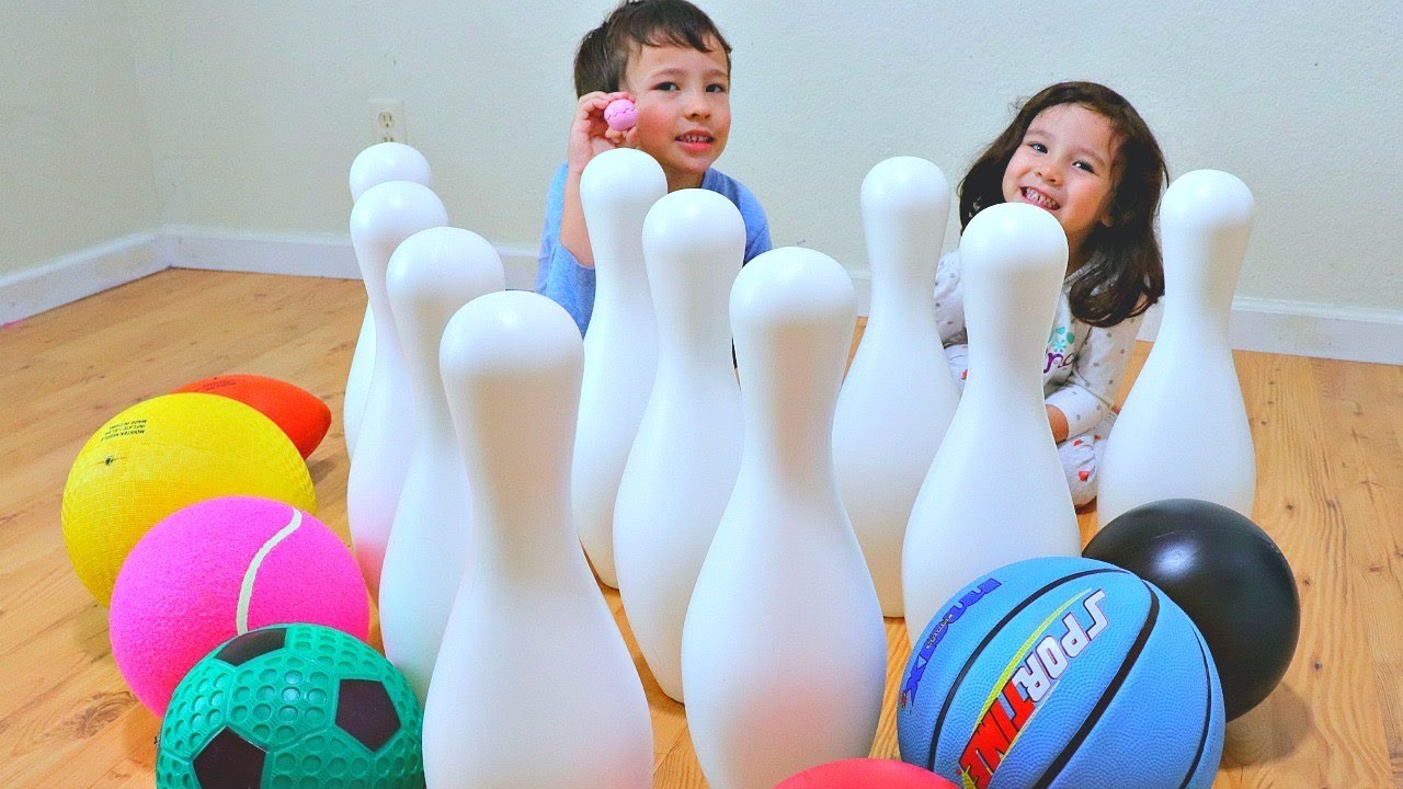 Learn Colors with Toy Bowling Pins and Sport Ball for Toddlers and Children