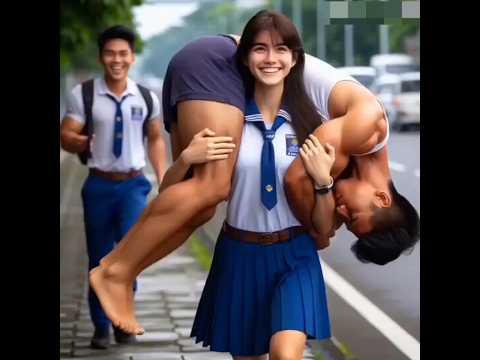 Lift and Carry // Pretty Cute Young School Girl Gives An Athletic Guy A Fireman's Carry On The Road