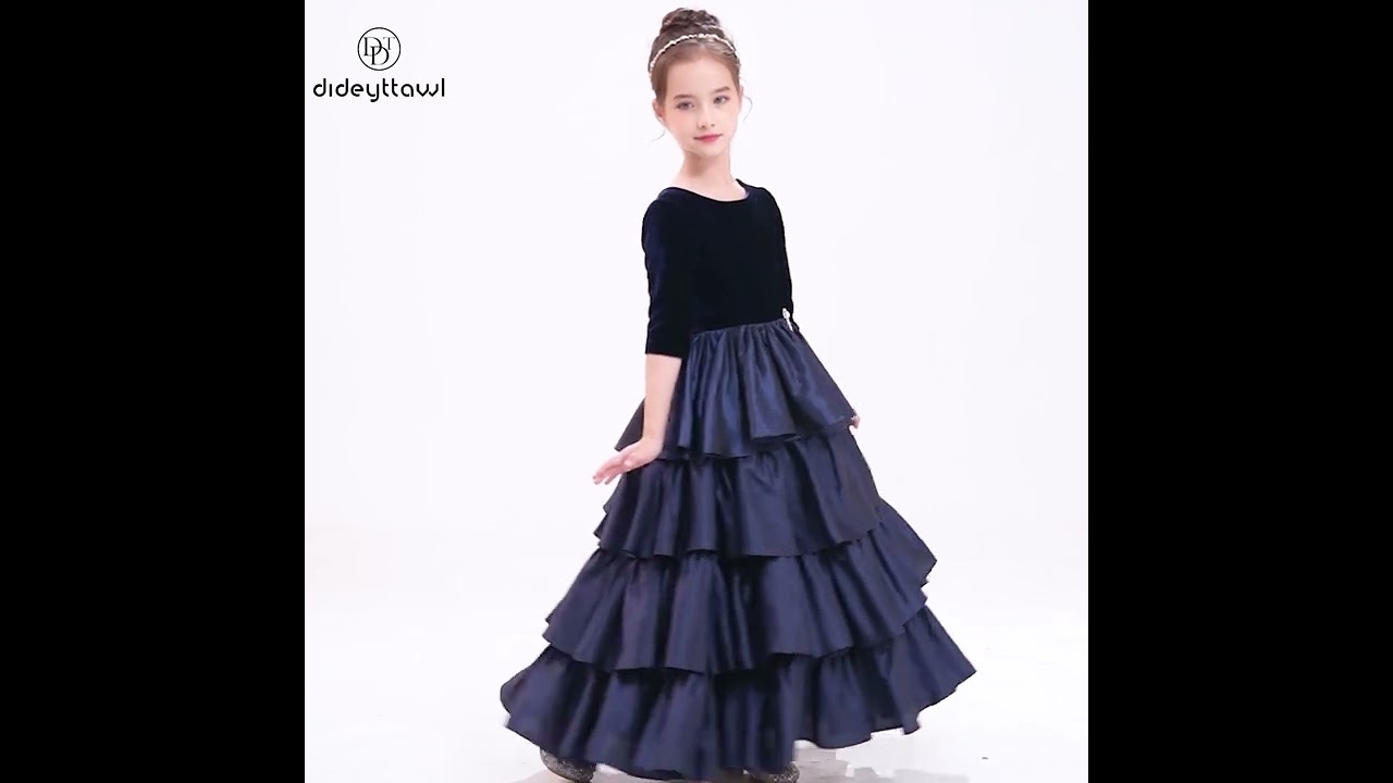 Little Girl Piano Dress Navy Blue Junior Party Cake Skirt Teen Prom Evening Dress
